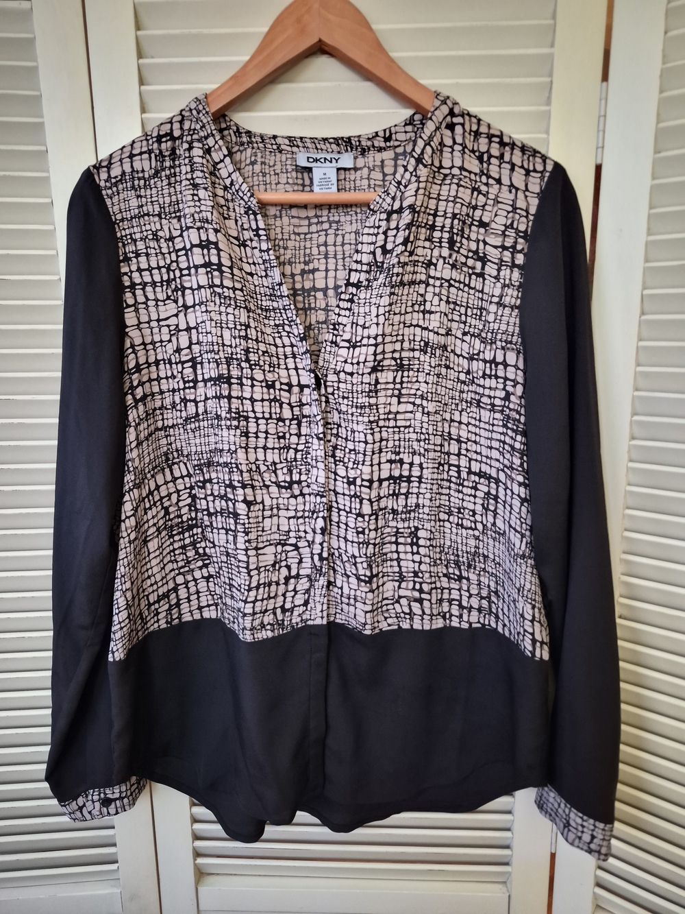 DKNY Black and Cream Semi Sheer Blouse Size M